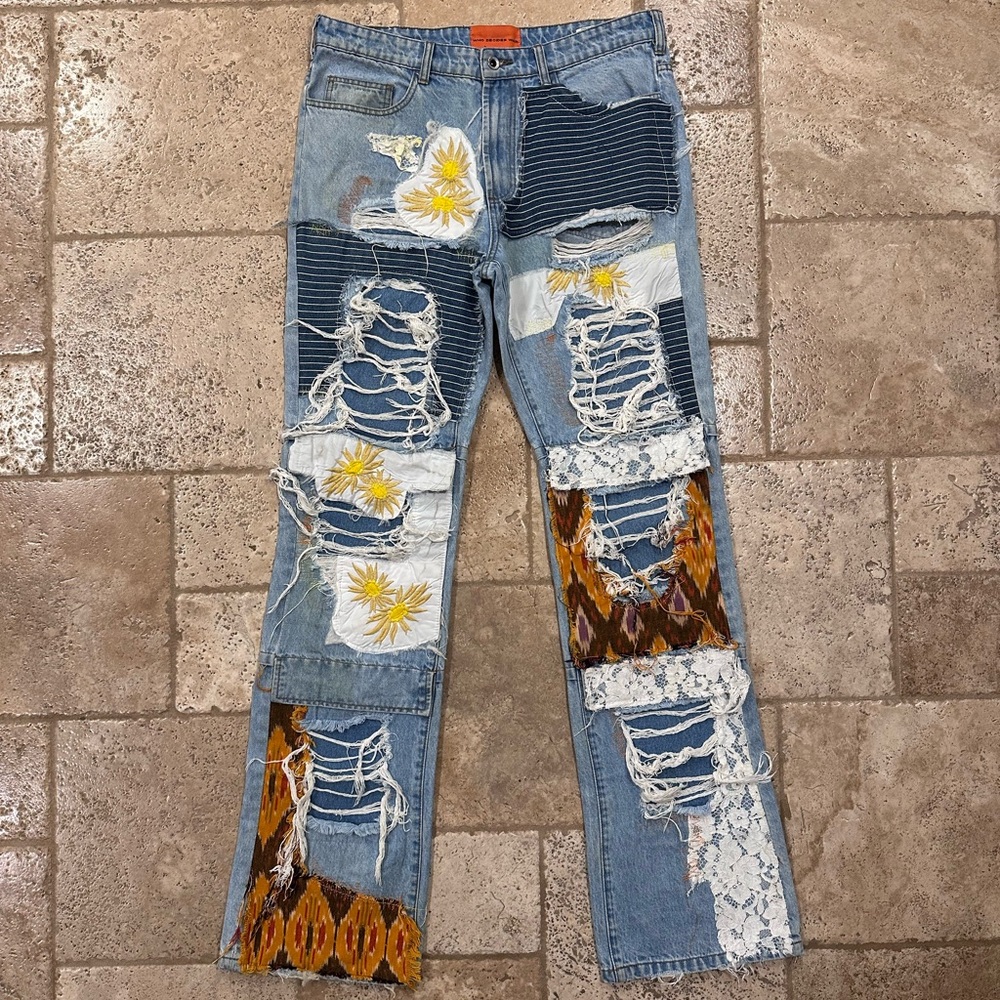 Who Decides War WDW Yellow Sun Floral Patches Blue Denim Jeans